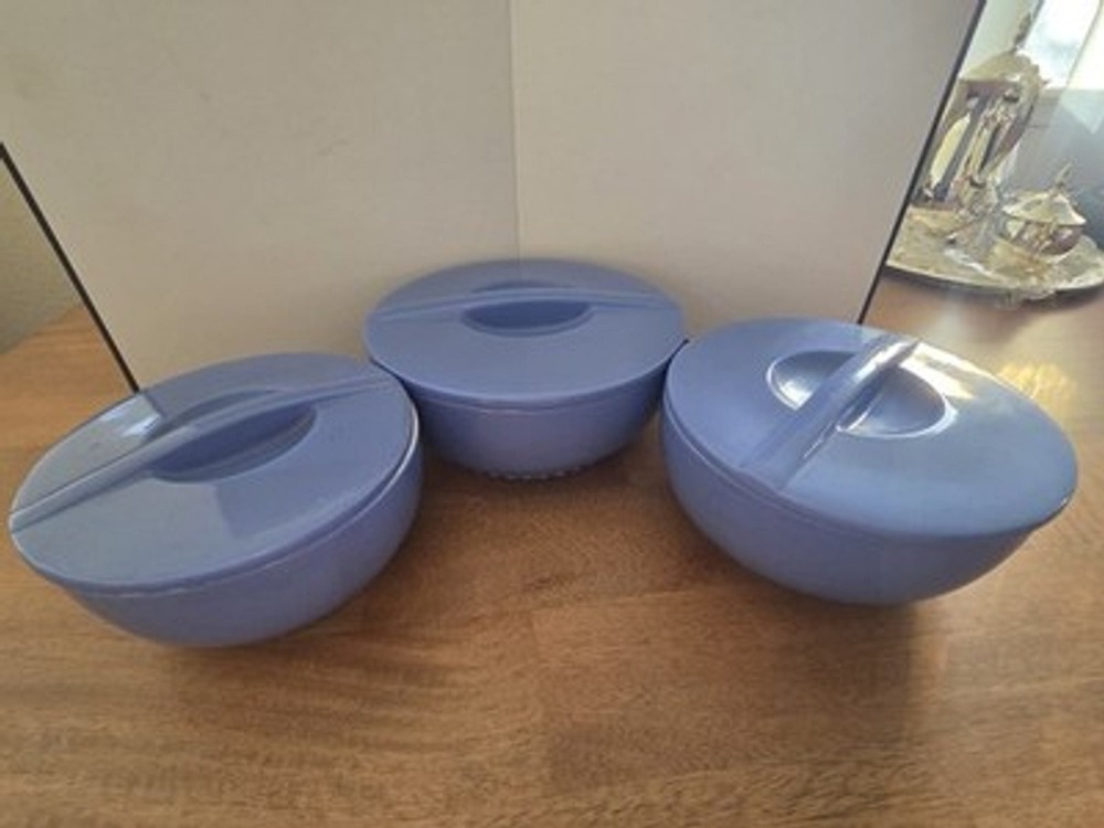 Vintage Hall China Blue Covered Casserole Bowl Set Montgomery Ward USA 5120 5121